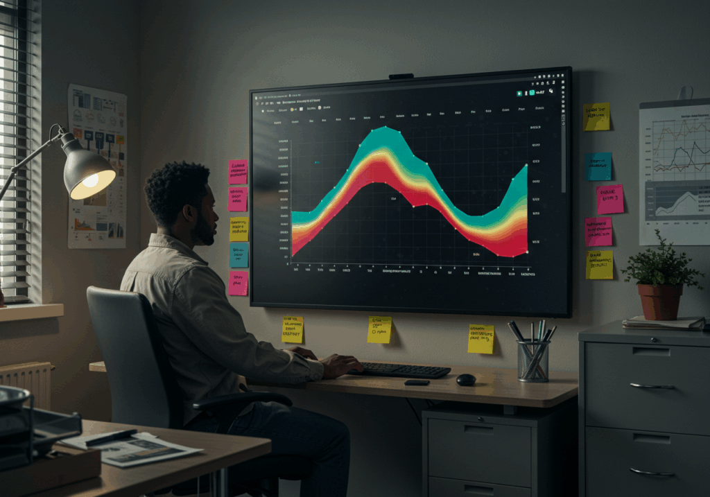 Researcher studying visual analytics dashboard on a monitor to explore big data trends in higher education.