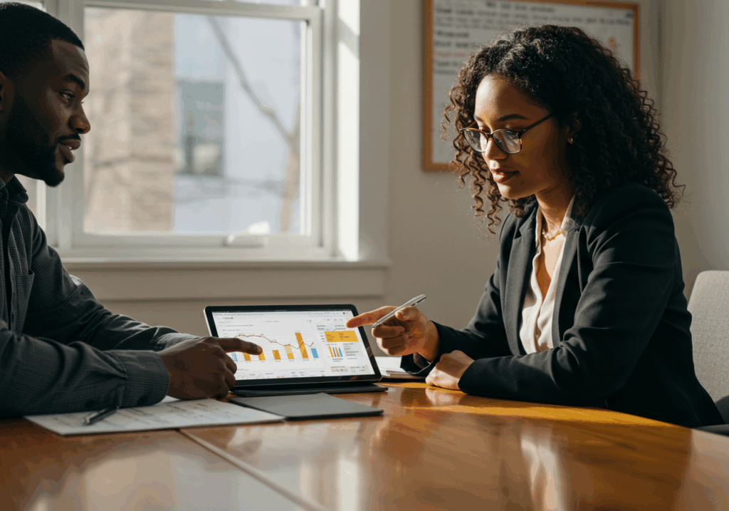 Two professionals discussing analytics on a laptop screen, applying big data insights in higher education decision-making.