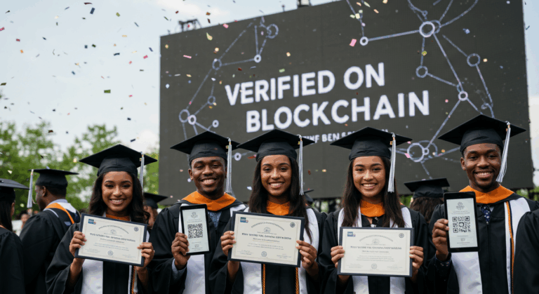 Graduates holding certificates verified through blockchain in education