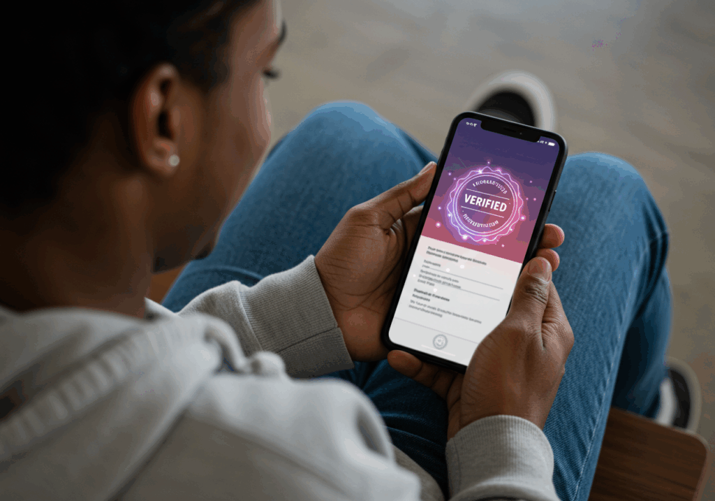 Student verifying academic record on smartphone using blockchain in education.