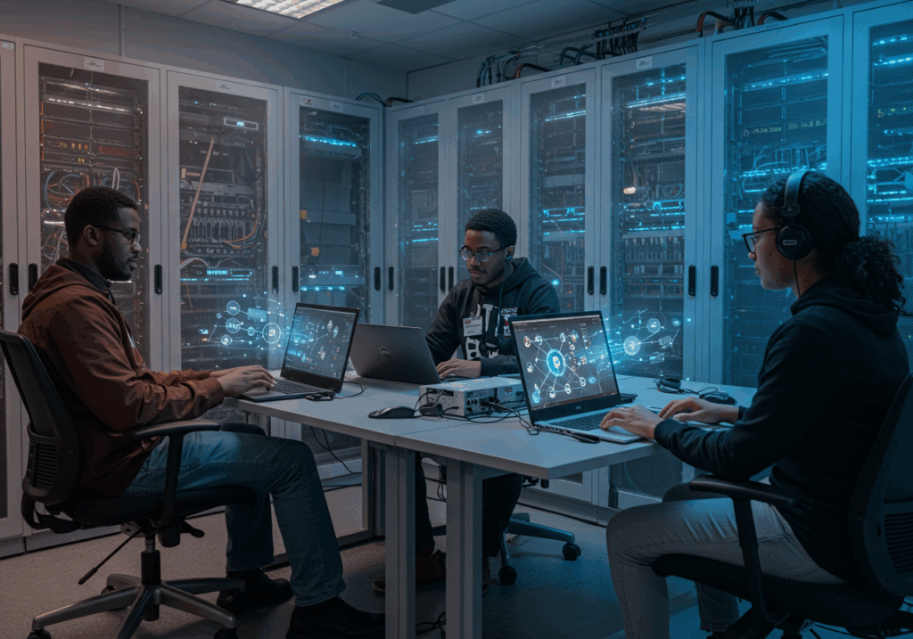 Professionals managing secure data systems powered by blockchain in education