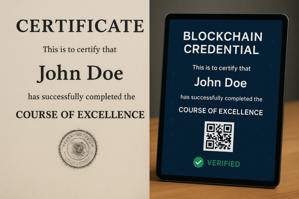 Traditional certificate compared with digital credential using blockchain in education