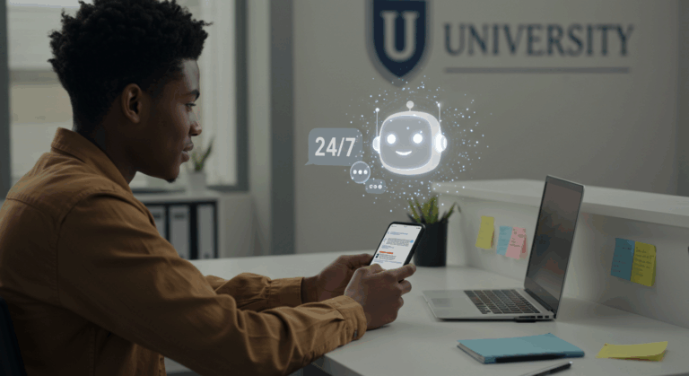 Student using AI chatbots for universities on smartphone for 24/7 support while sitting in university office.