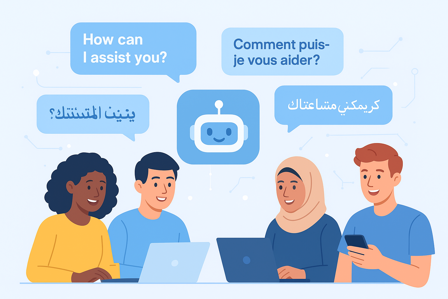 University students waiting in line and using AI chatbots for universities on a laptop for academic guidance.