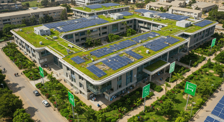 Aerial view of a university building with solar panels and rooftop greenery showcasing advanced green campus technology for sustainable energy use.