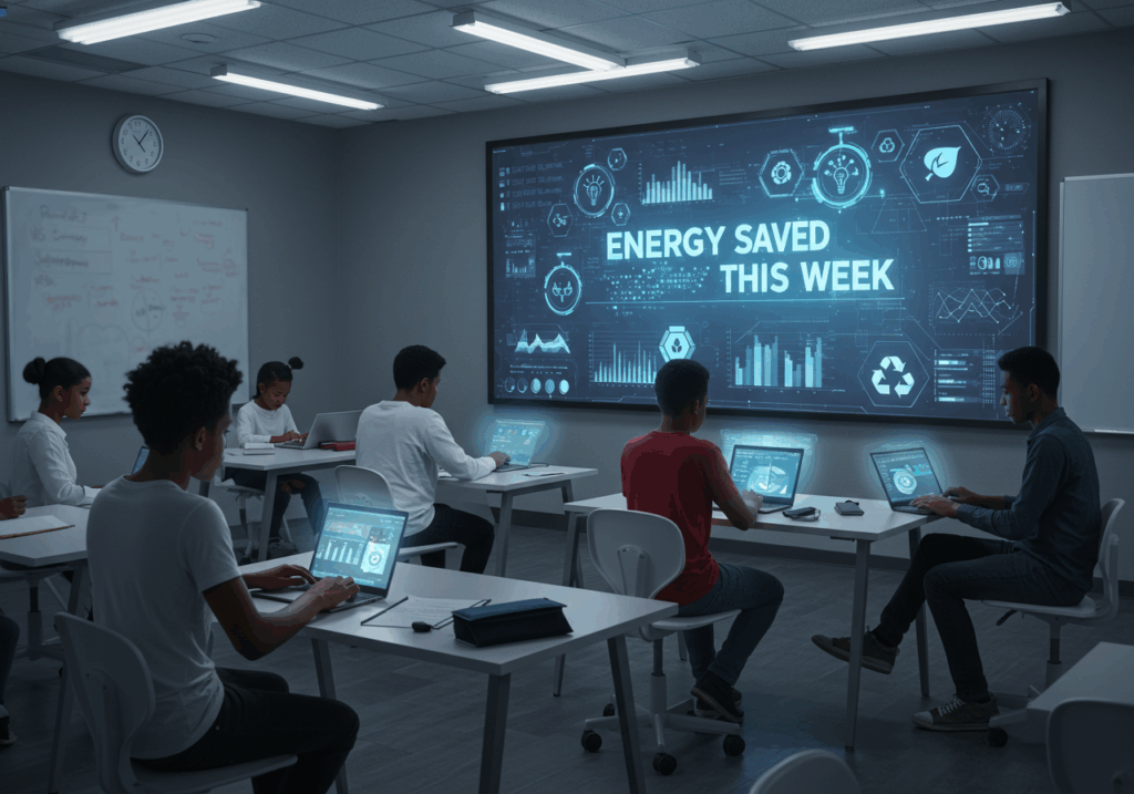 Students in a smart classroom analyzing energy-saving data on digital screens, highlighting the role of green campus technology in education.