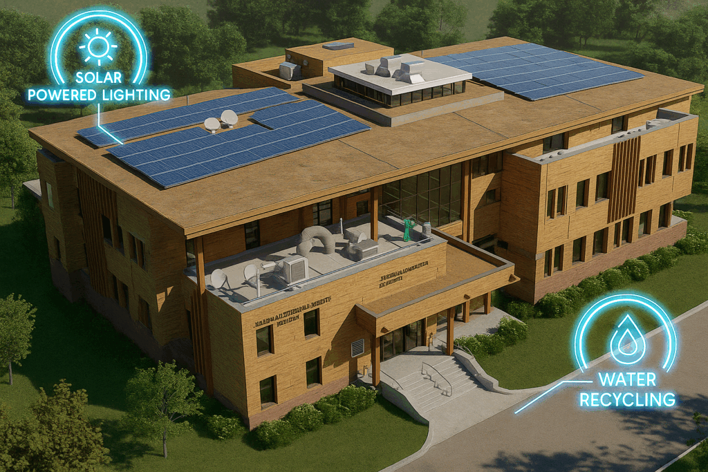 Modern campus building with solar powered lighting and water recycling system, representing innovative green campus technology solutions.