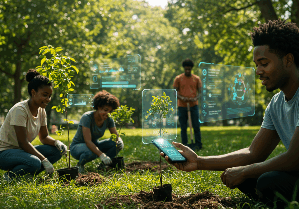 Students planting trees with smart devices tracking environmental data, promoting green campus technology for sustainability.
