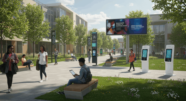 Students walking and studying on a modern university campus equipped with digital kiosks, interactive displays, and smart infrastructure, showcasing smart campus technology for universities.