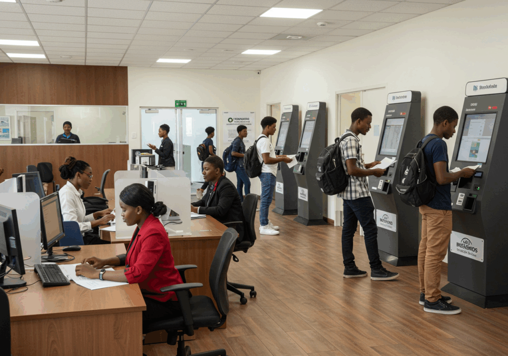 University admissions office with self-service kiosks and staff support, showing how automation reduces queues and improves enrolment efficiency.