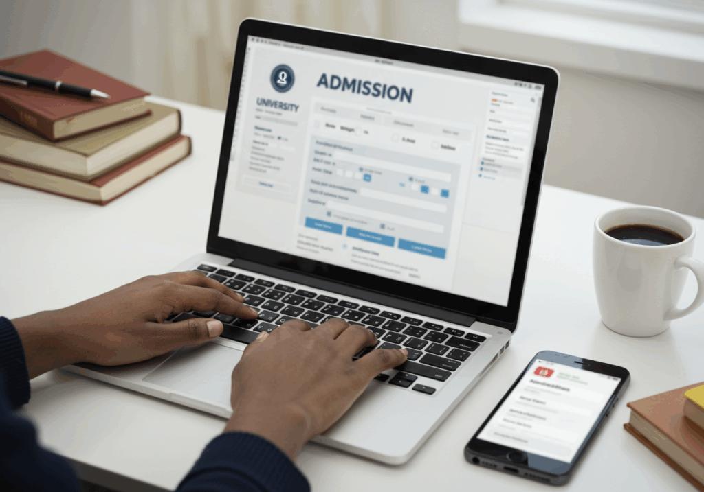 Student using an online admission portal on a laptop with a mobile notification system, showing how automation simplifies university applications.
