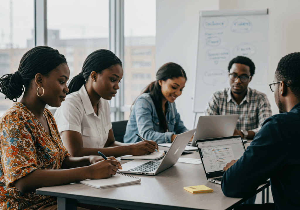 Students collaborating in a classroom with digital tools, reflecting the role of automation in streamlining academic processes and admissions support.
