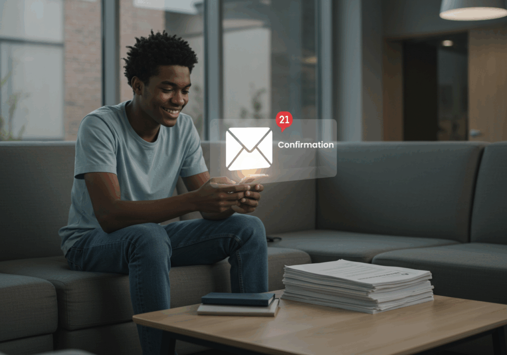 Applicant receiving automated admission confirmation on a mobile phone, highlighting how automation improves communication speed in university enrolment.