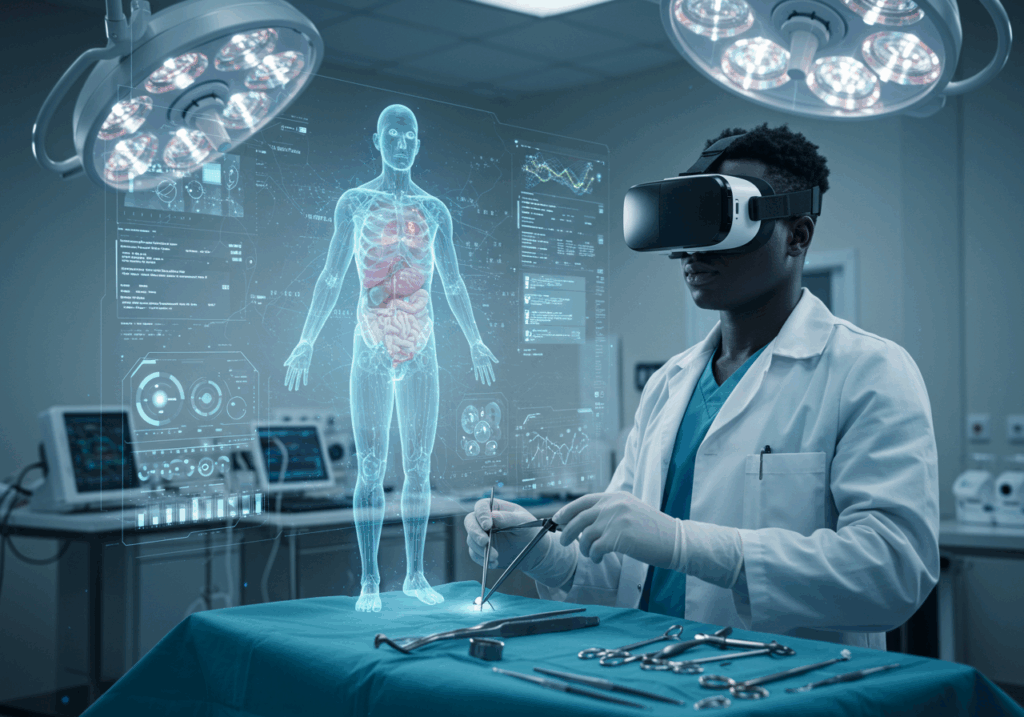 A medical student wearing a VR headset in a simulated operating room, practicing surgical techniques with a holographic human body, showcasing Virtual Reality in University Learning in healthcare training.