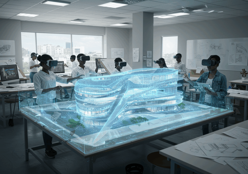 Architecture students in a design lab using VR headsets to explore a detailed 3D model of a modern building, highlighting the impact of Virtual Reality in University Learning for hands-on design experience.