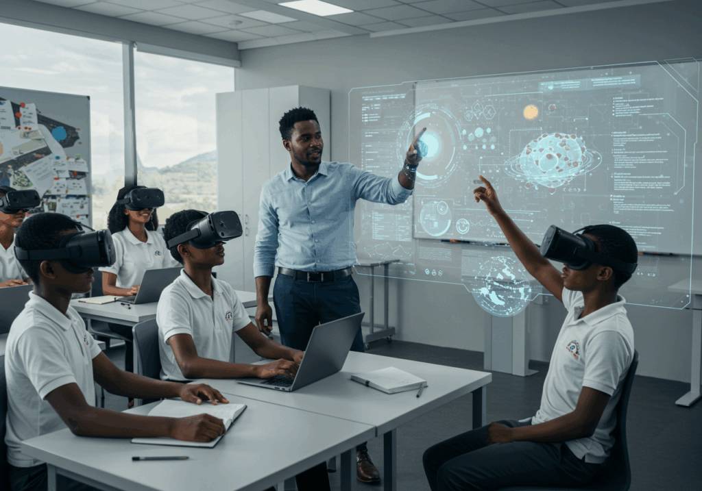 A teacher guiding students wearing VR headsets through an interactive science lesson with virtual data displays, illustrating the use of Virtual Reality in University Learning to enhance classroom engagement.