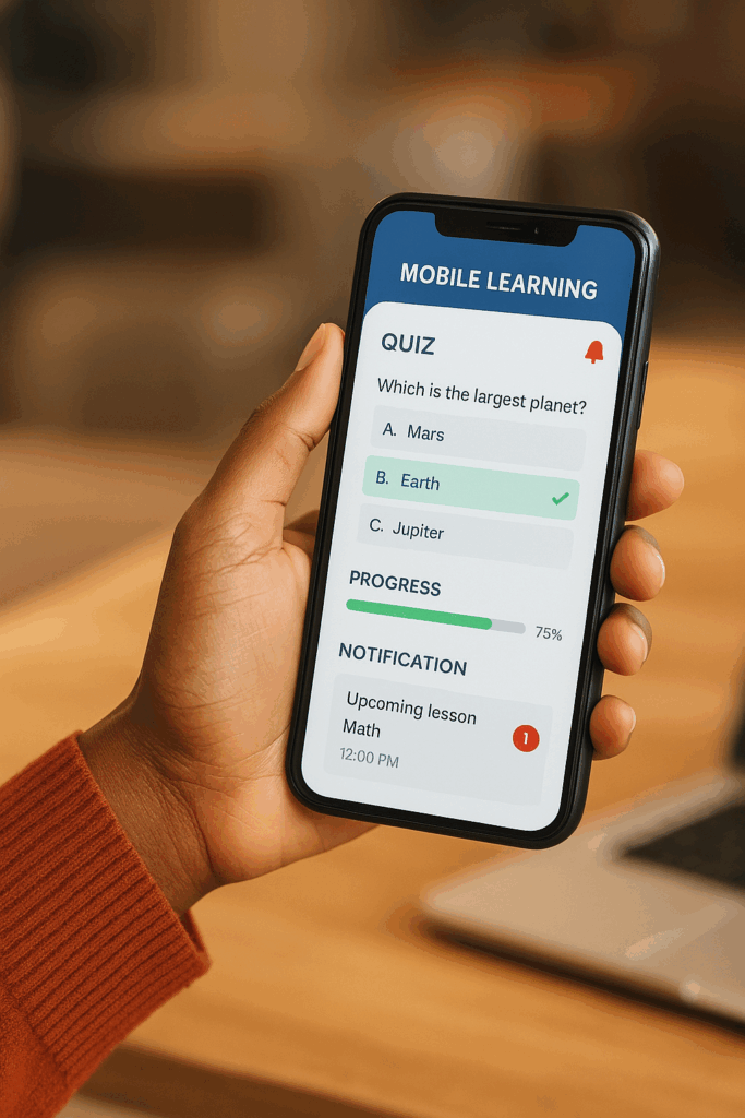Mobile learning app displaying a quiz question and progress bar, representing interactive Mobile-First Learning through personalized assessments.