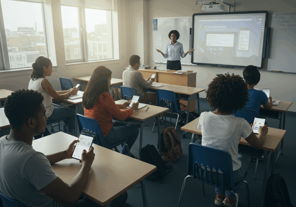 Students in a classroom using smartphones while a teacher presents content, showing Mobile-First Learning integration in traditional education settings.