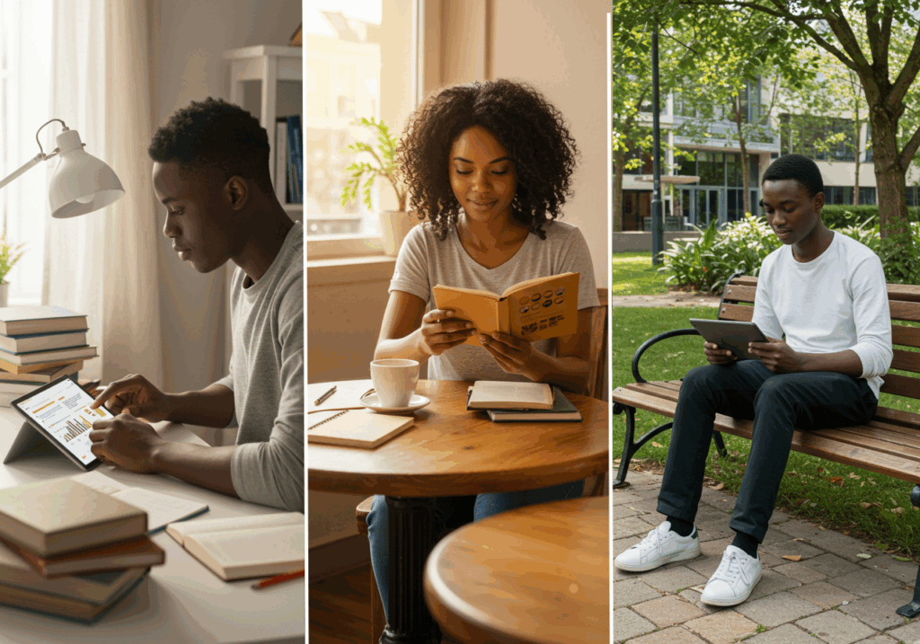 Young adults learning using mobile devices in different environments, highlighting Mobile-First Learning for flexible and accessible education.