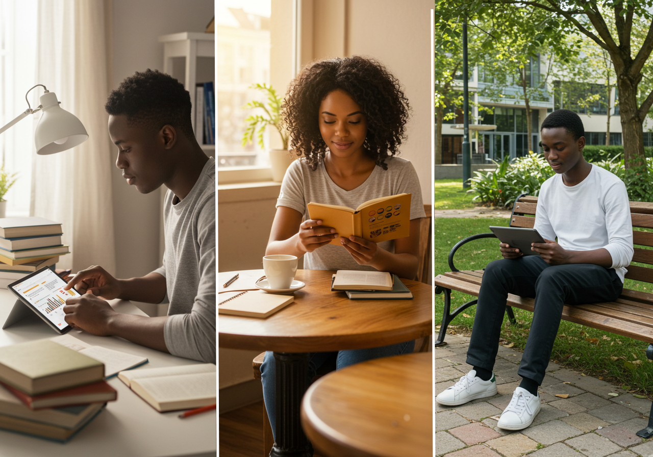 Young adults learning using mobile devices in different environments, highlighting Mobile-First Learning for flexible and accessible education.