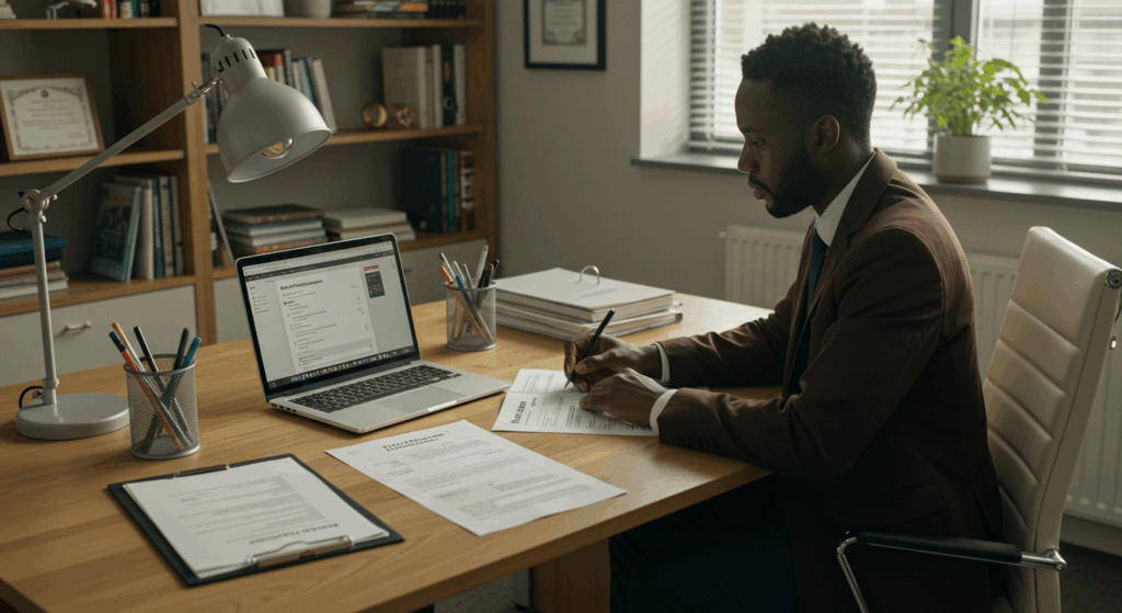Professional working on grant application paperwork for digital campus funding opportunities.