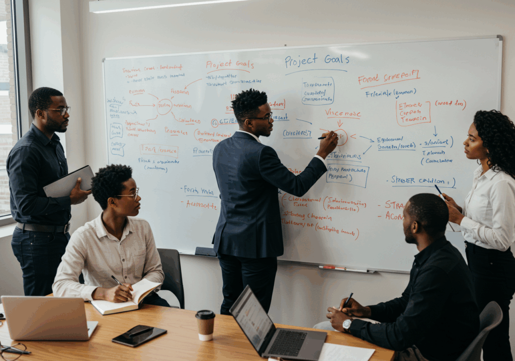 Team collaborating on project goals and strategies to secure grants for digital campus development.
