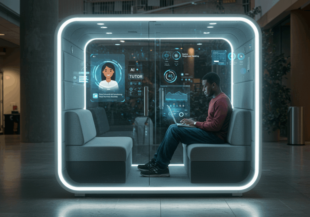 A student sitting inside a futuristic AI-powered learning pod, interacting with a holographic AI tutor and digital data interfaces, symbolizing how emerging technologies are transforming personalized education and smart learning environments.