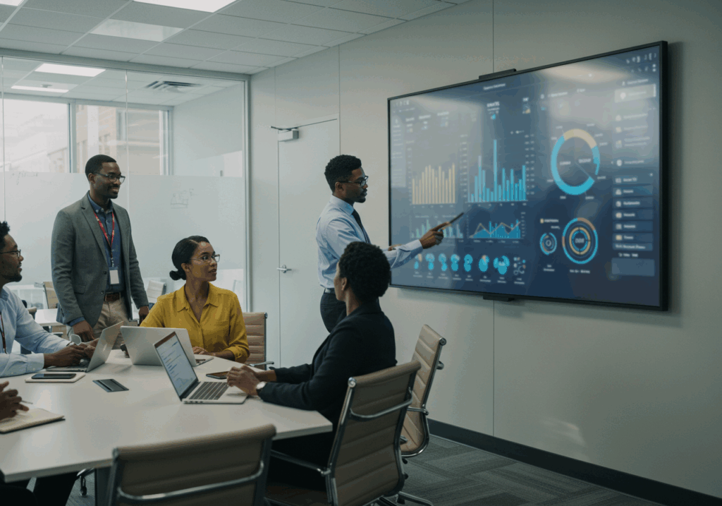A business team in a modern conference room analyzing digital charts and data visualizations on a large screen, discussing analytics and emerging technologies driving innovation and growth.
