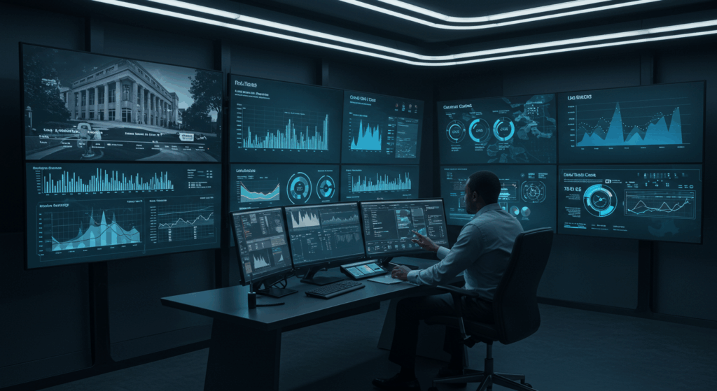 Business professional analyzing financial ROI dashboards powered by EdTech analytics platforms, emphasizing data-driven decision-making and education technology growth.