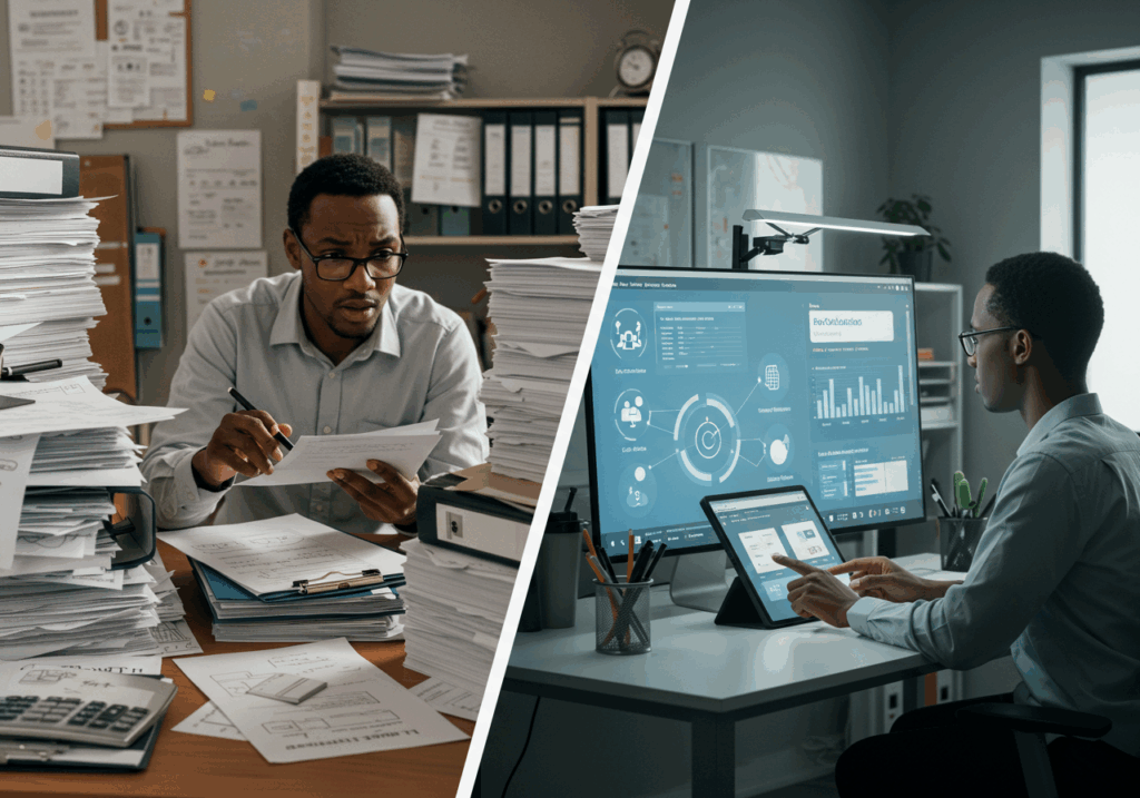 Comparison of traditional paperwork and modern digital dashboards representing the transformation of educational management through EdTech automation and data analytics.
