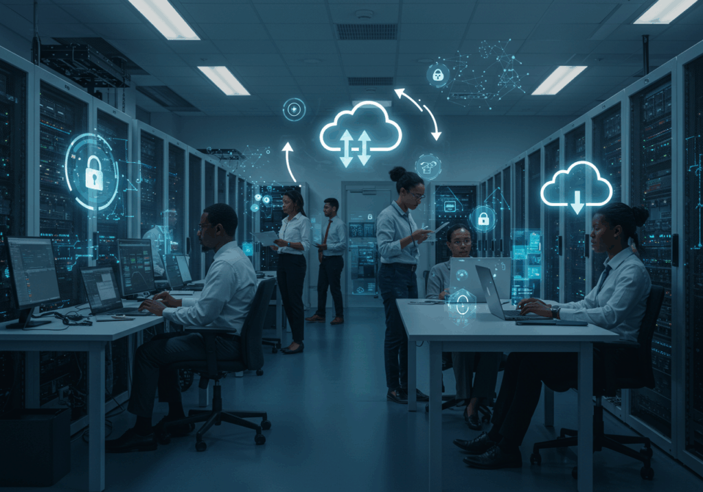 Students in a digital classroom engaging with an EdTech learning management system on laptops, highlighting interactive education and technology-enabled teaching environments.
