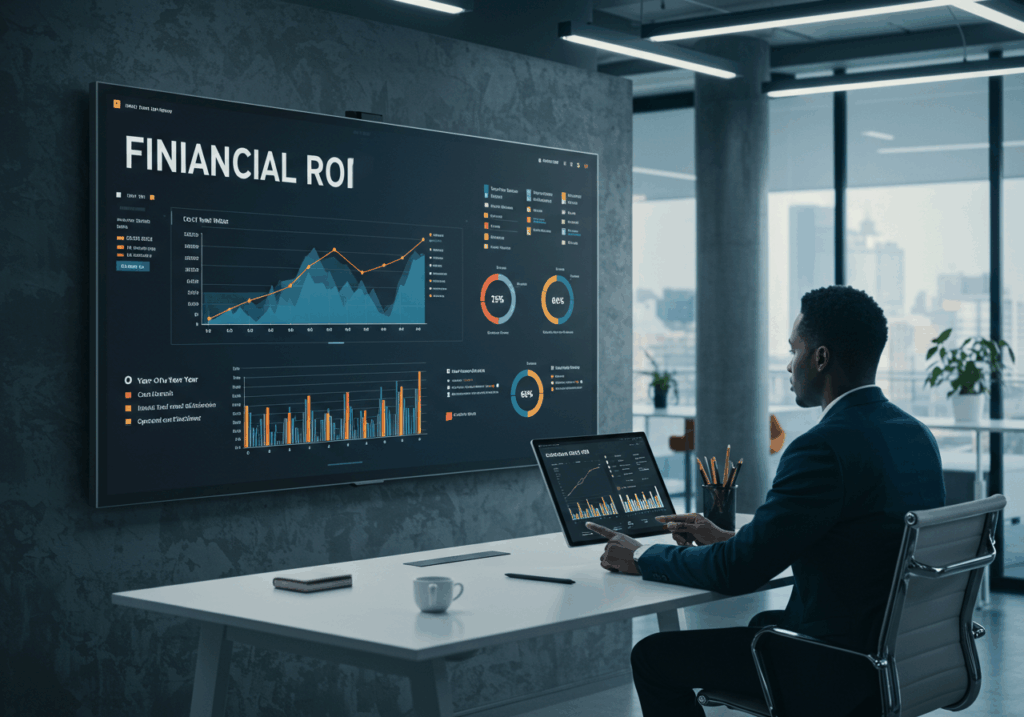 Business professional analyzing financial ROI dashboards powered by EdTech analytics platforms, emphasizing data-driven decision-making and education technology growth.
