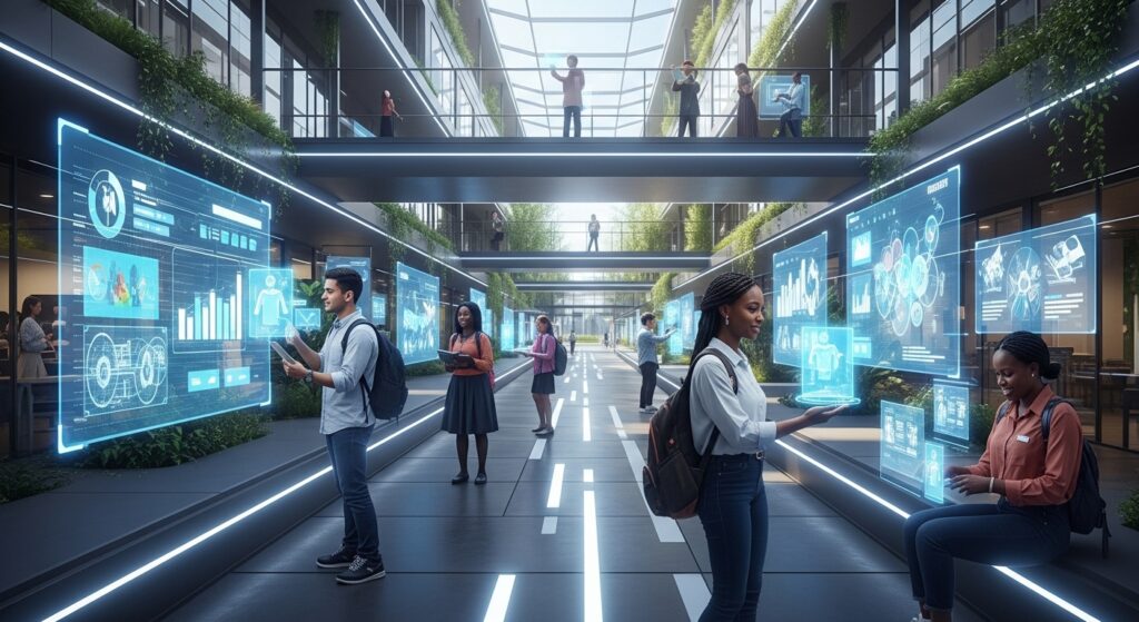 A futuristic university campus with digital architecture, holographic displays, and students interacting with AI-driven learning tools. Bright lighting, modern design, and tech-infused environment representing higher education digitalinnovation.