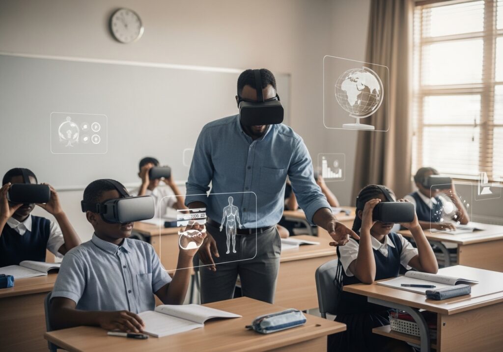 Educators and students using AR/VR headsets inside a digital classroom showing 3D models and data visuals for immersive learning. 

