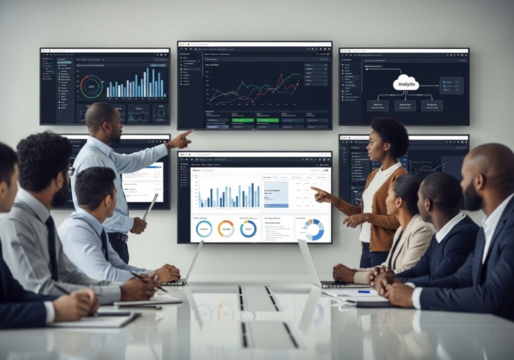 University administrators analyzing analytics dashboards and cloud-based systems on multiple screens, showing graphs, data flow, and performance tracking. 