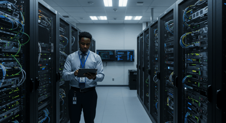 IT specialist managing servers in a data center, ensuring scalability and efficiency for scaling IT infrastructure.