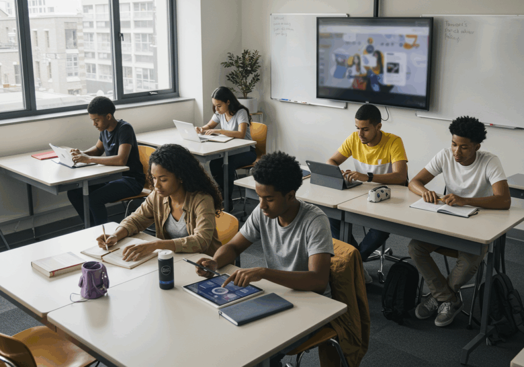 Students learning digital skills in a modern classroom, preparing for future challenges in scaling IT infrastructure.