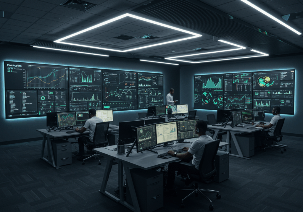 Network operations center with IT professionals monitoring systems and analytics for scaling IT infrastructure.