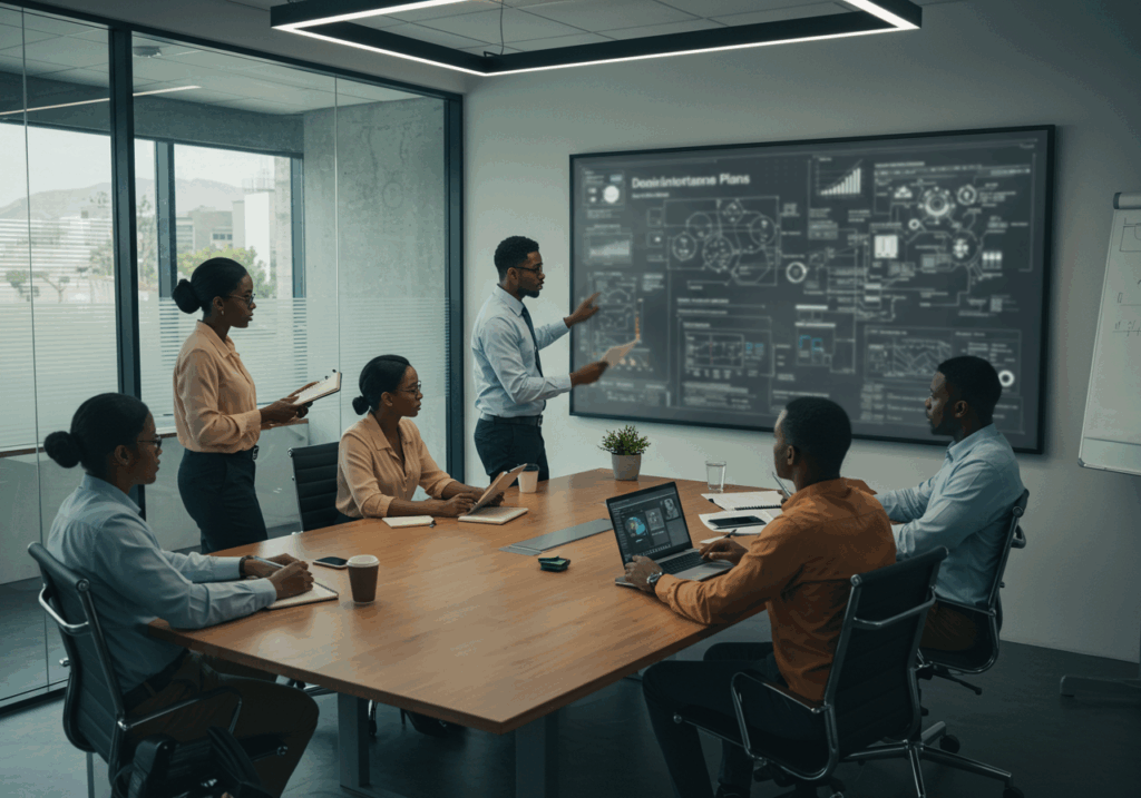 Business team discussing technology strategy and planning for scaling IT infrastructure in a modern office.
