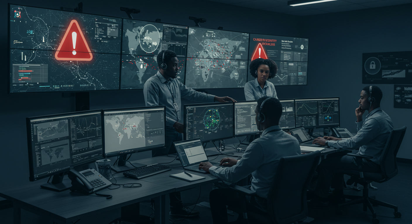 IT security professionals monitoring cyber threats in a university control center, representing the importance of cybersecurity in higher education institutions.