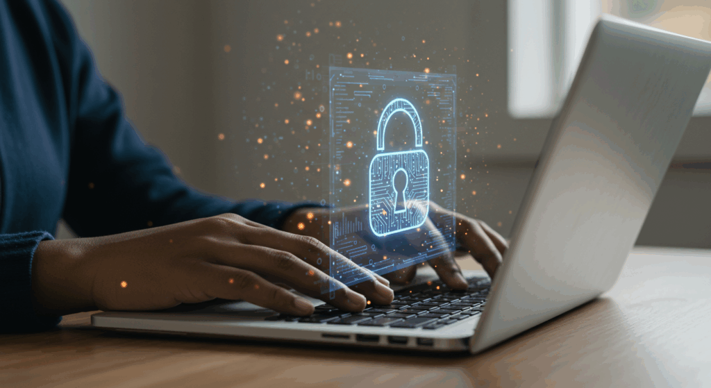 Student using a laptop with a digital security lock icon overlay, symbolizing personal data protection and cybersecurity in higher education environments.