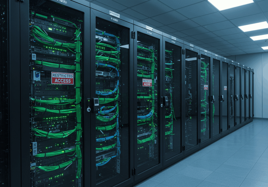 Modern university data center with restricted access servers and secure network systems, highlighting infrastructure security in cybersecurity in higher education.

