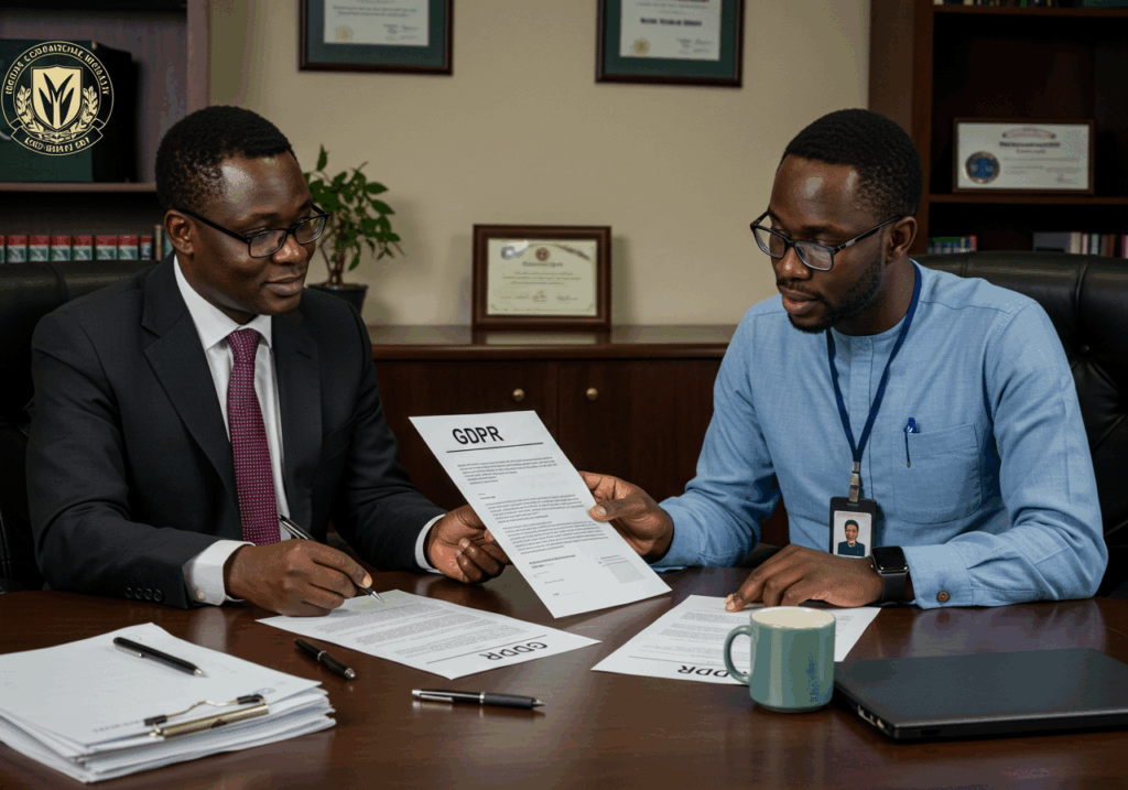 University compliance officers reviewing GDPR documents to ensure legal data protection standards for cybersecurity in higher education.
