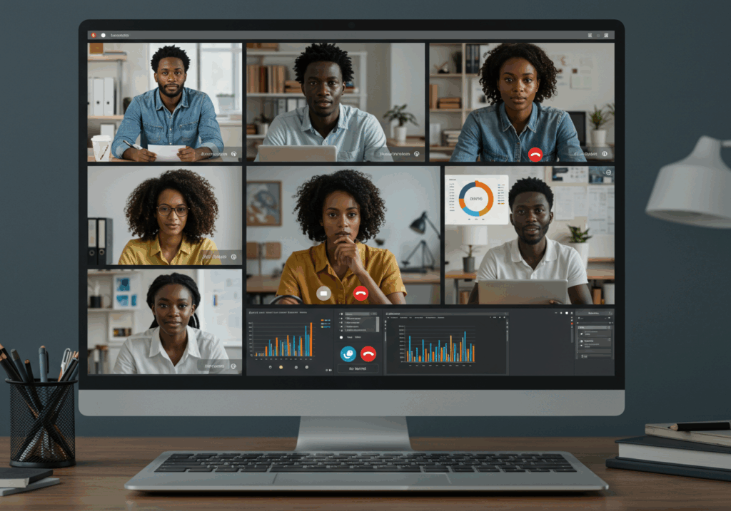 Team members participating in a virtual meeting on a video conferencing platform, representing the use of collaboration tools for remote communication and project coordination.
