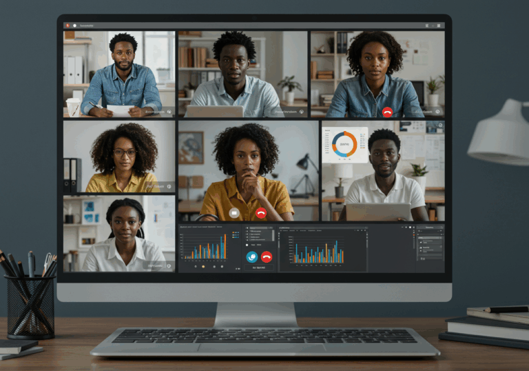 Team members participating in a virtual meeting on a video conferencing platform, representing the use of collaboration tools for remote communication and project coordination.