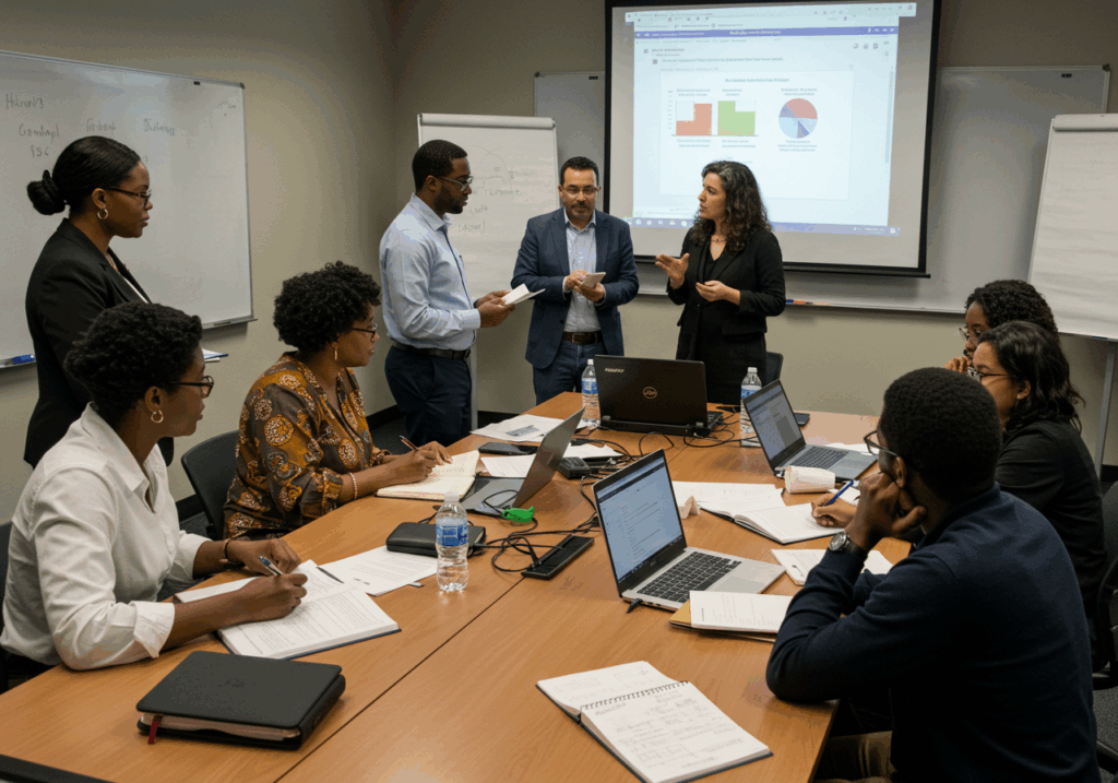 Team of professionals in a meeting room discussing project data on laptops and charts, demonstrating effective teamwork through modern collaboration tools and data sharing platforms.
