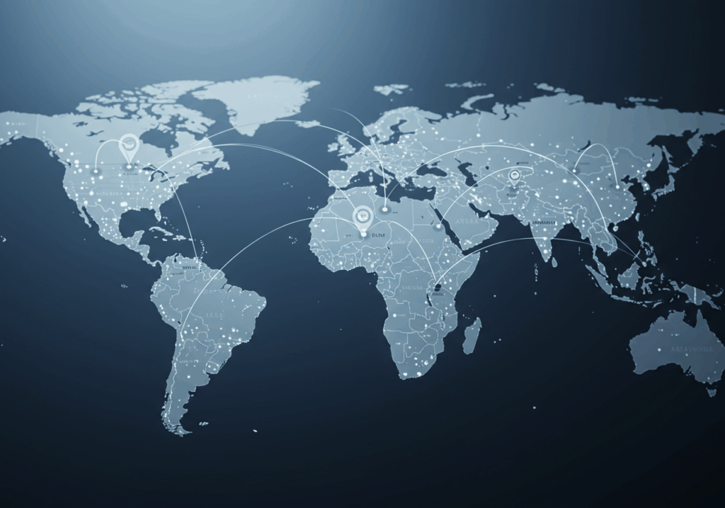Global map with connected network lines showing worldwide communication, symbolizing how online collaboration tools connect remote teams across different countries.