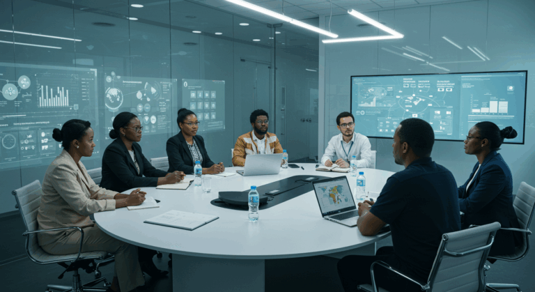 A collaborative roundtable with EdTech founders, government education officials, NGO leaders, and school principals, with partnership roadmaps displayed on large screens.