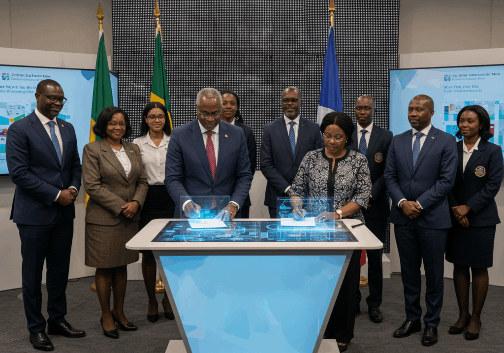 A government minister signing a digital education partnership MoU with an EdTech CEO, with school representatives witnessing the event. 

