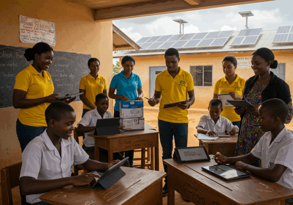 An NGO field team deploying tablets and e-learning kits in a rural school, with students and teachers actively engaging with the devices. 